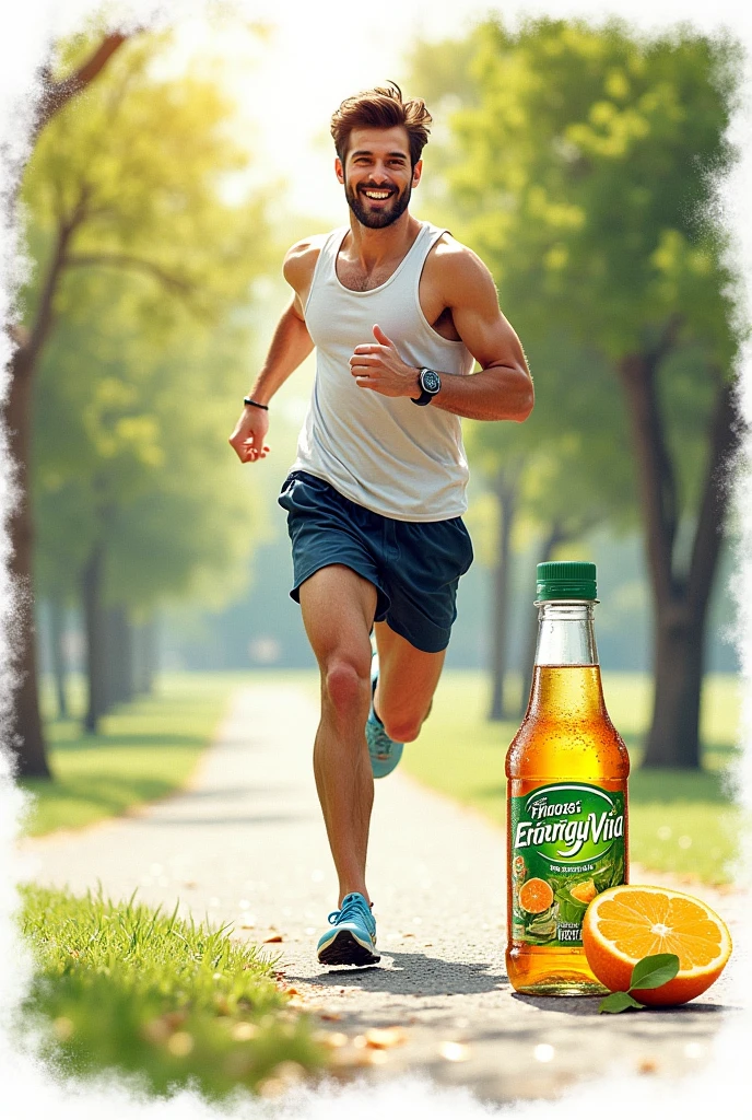 Imagine a vibrant advertising poster for an isotonic drink called "Energize Plus". En el centro de la imagen, there is an athlete in full action, like a runner in the home stretch of a marathon. The athlete, a young man in excellent physical shape, is sweating heavily, with an expression of determination and focus, Correndo em alta velocidade. He wears modern, tight-fitting sportswear., black in color, that contrast with the dark background of the image.
Next to the corridor, in the spotlight, there is a bottle of "Energize Plus" only that "Energize Plus" written on it, clear with bright orange liquid, radiating energy and vitality. The bottle looks almost illuminated, with drops of water running down the outside, conveying the idea of freshness.
The background is dark, with colors ranging from black to gray, making the vibrant colors of the isotonic and the athlete stand out. There is an explosion of colors, as orange, yellow and green, radiating from the bottle, symbolizing the revitalization and energy that the product offers.