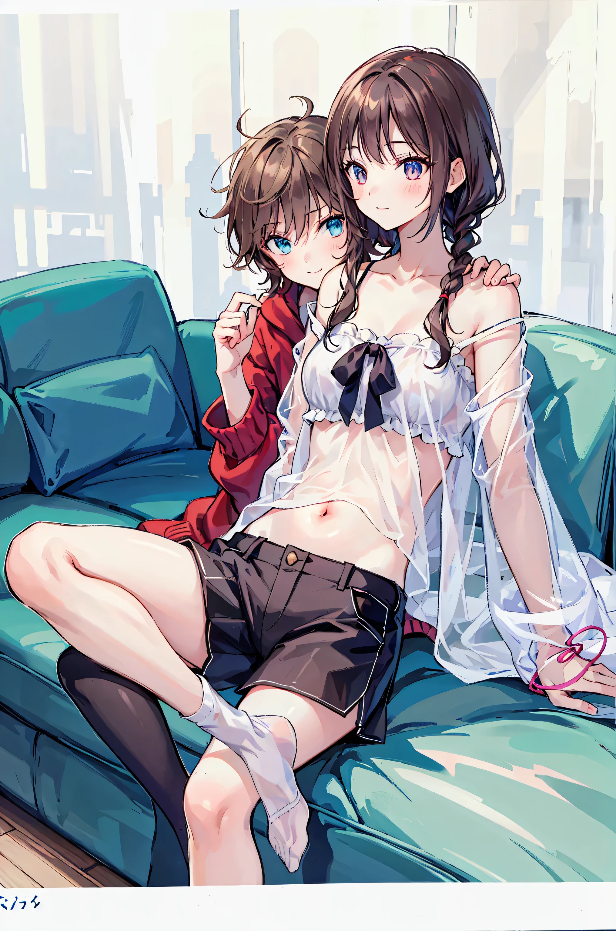 Ponytail sisters,Open-chested clothing,houseboat,Unbuttoned,They are hugging each other,Midnight