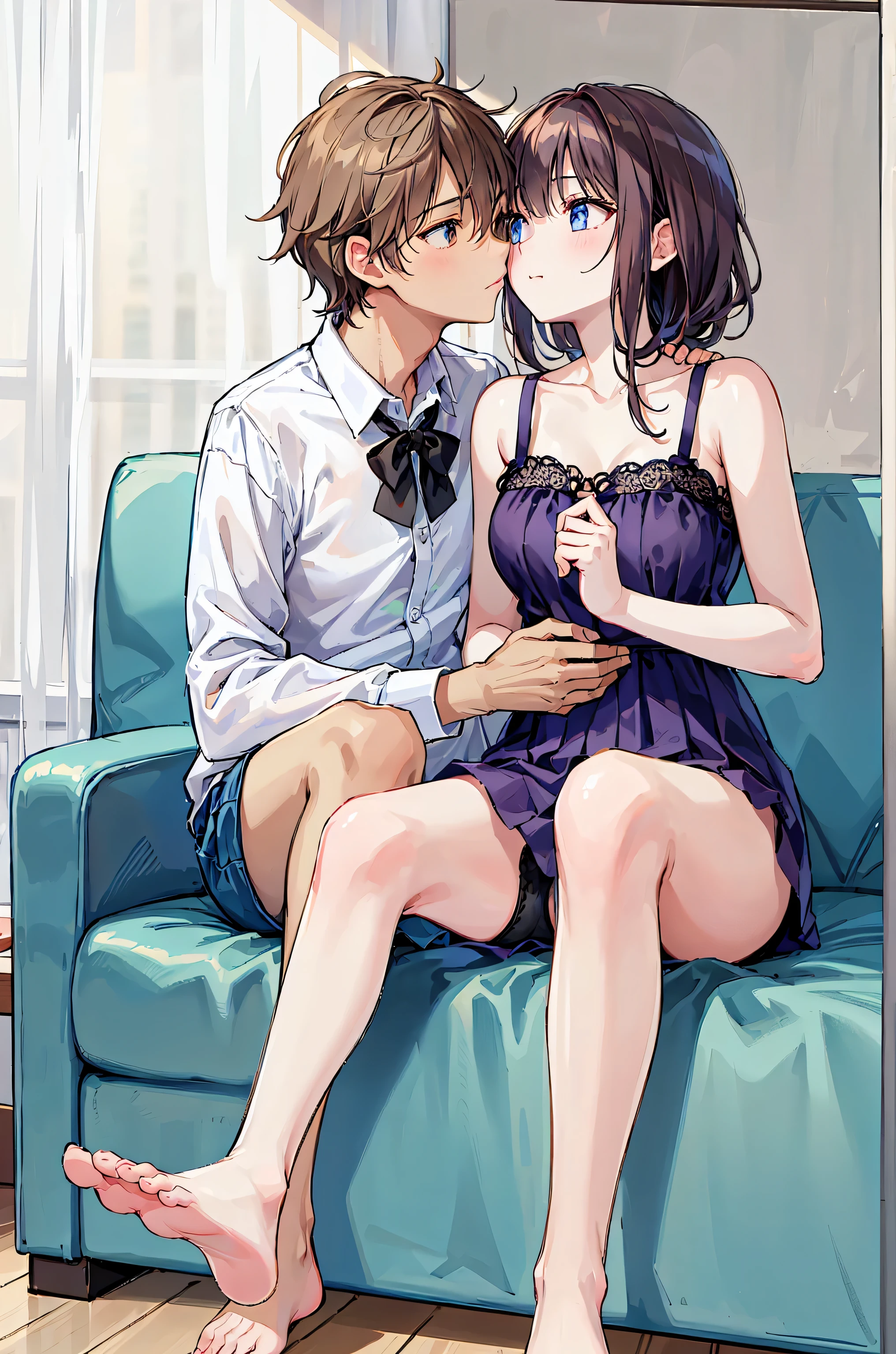 Couple in their 20ale1名, woman1名、Both men and women should wear casual attire.、Shiny atmosphere、woman(Medium long brown hair)close ~ eye、Sweet Sigh、male(Black Short Hair、右手をwomanの頬に当てる)tightly close your eye、With background(room、sofa)、The night deepens、dark、Anatomically correct limbs、The girl is a little thin