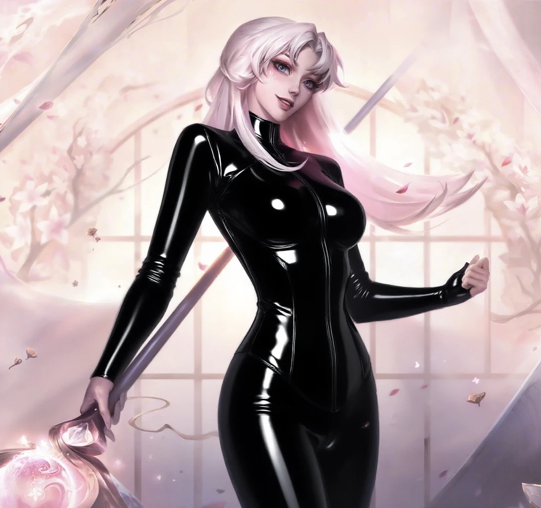 My Hero Academia gothic woman, beautiful and attractive, perfect, intimidating beauty, long white hair, enviable figure, captivating pastel purple eyes, in her superhero costume in all black purple and pastel pink, plasma power (pastel purple tone and pastel pink undertones) Boku no Hero Academia Anime