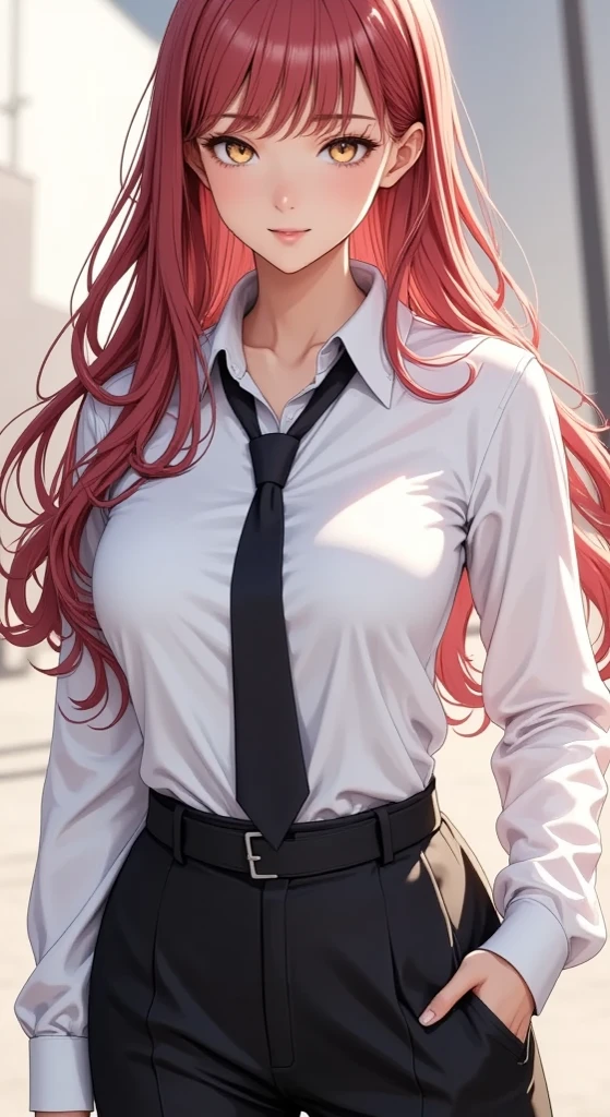 anime image of a woman in a white shirt and black pants, in a strict suit, (sfw) safe for work, female protagonist 👀 :8, thicc, asuka suit under clothes!, in strict suit, makoto shinka, oppai proportions, wearing a strict business suit, from girls frontline, smooth anime cg art, realistic schoolgirl, official art (red hair makima)