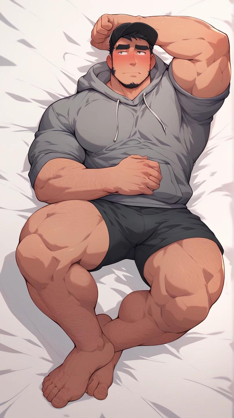 Half-cut top,Nike shorts,White socks,No shoes,Lying on the endless blue bed,The protagonist leans back on the bed,Full body portrait,Stretch your hands outward,Dark skin,Dark Skin,Solitary,individual,Brown skin,Bigfoot,(Facing the audience),(muscular),Farther distance,The camera looks down from a high place,The protagonist has very long legs, male, Huge body,The character is a burly man,Dynamic Action,Light from above,Clothes show shoulders,Clean face,Lift his head,Keep your eyes open,