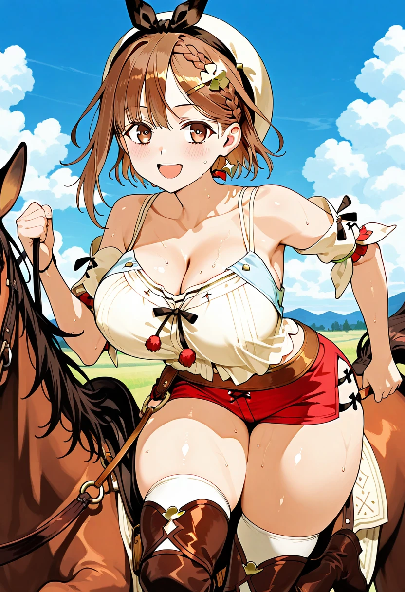 masterpiece, best quality, <lora:mootan-nvwls-v1-000009:0.9> moo-tan, cow girl, hat, neckkerchief, vest, tube top, cleavage, cow print, denim shorts, short shorts, chaps, large breasts, upper body, grin, looking at viewer, field, wooden fence, blue sky