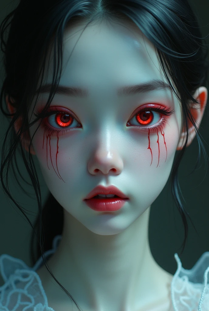 Delicate face、solo, accessories, Widescreen, Braid, Minimalist, moving line, Dutch Angle, Red eyes, 