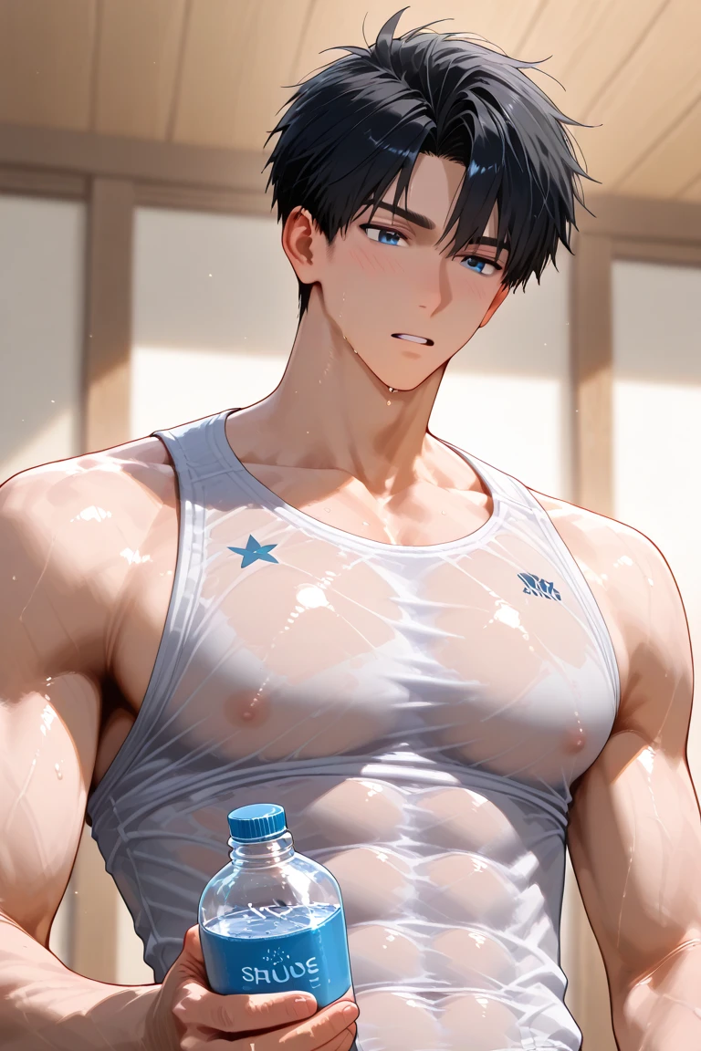1 male, Japanese male model, high resolution 4k, adult, handsome, perfect face detail, detailed eyes and face, clean shaved, sixpack, white eyebrow hair, white eyelashes, Naked torso, Detailed face, perfect face, dynamic lighting, Real skin texture, ((Perfect hand details)), ((Real and complete hand details)), unreal engine, hd picture, satoru gojo, Jujutsu kaisen, white hair, short hair ,hair between eyes ,blue eyes, white skin, Hold the condom