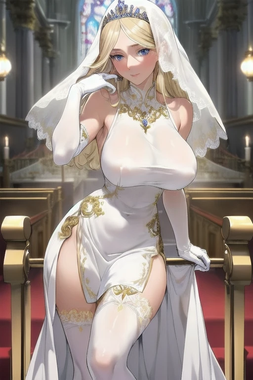 A girl，Long hair, Bangs, Blonde hair, Hair between the eyes, s eyes:（1.5),  (Large Breasts:1.2), 
rest  锁骨, Wedding dress，veil，wedding，White Dress，Flowers，The skirt is broken，White socks，Tights，White knee socks，
Looking at the audience, whole body,
indoors, church，permanent，permanent，
rest (masterpiece:1.2), best quality, high resolution, Unity 8K wallpaper, (illustration:0.8), (美丽细致s eyes:1.6), Extremely detailed face, Perfect lighting, Extremely detailed CG, (Perfect hands, Perfect anatomical structure),