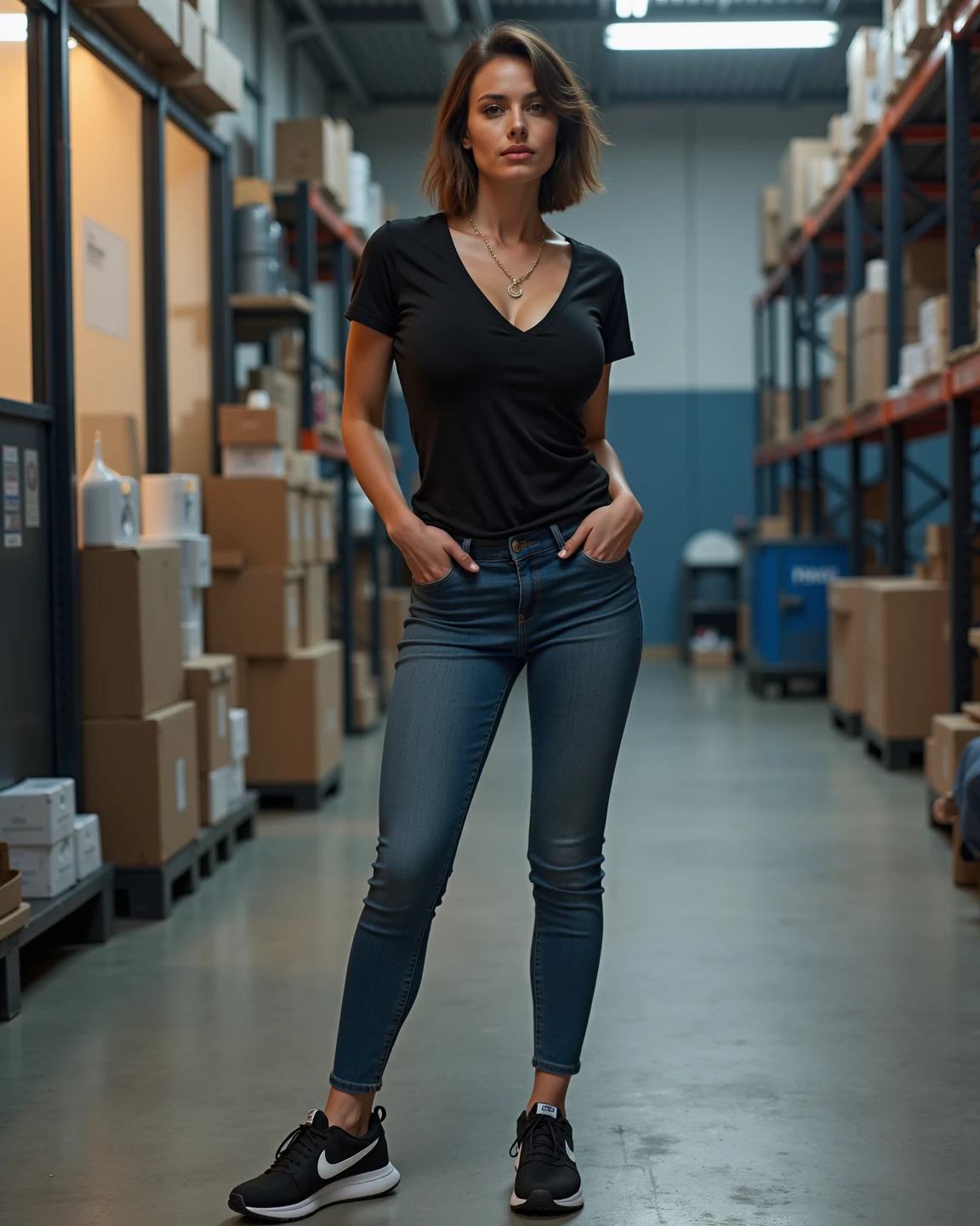 Create an image of a grey haired woman with a serene expression, (One woman), 24 years old, long braided hair, wearing a tight black crop top and denim pants, perfect body and , poised in a sunlit urban loft that exudes a cozy yet stylish atmosphere, with red light and old decor in the background.