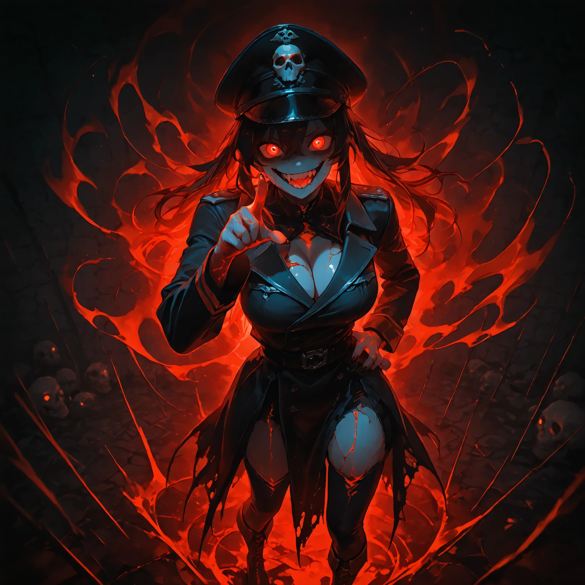 (ultra detailed), (masterpiece), (best quality), (depth of field), (sharp focus), (cinematic lighting), ((black and red palette)), 1, crazy smile, fangs, sharp teeth, deep glowing red eyes, seductive military villainess general style, dark officer's coat, (cleavage), psychotic, psycho, (manic grin), a dark-lit sexy WW2 general girl standing up on a battlefield, (((pointing a finger straight forward with one hand))), (hand on waist), wearing a peaked military cap, long black coat flowing in the wind, (revealing command outfit), ((huge breasts)), sexy breasts, (military officer boots), long jet-black hair, (long hair), (seductive battlefield commander), sexy yandere, (pale glowing skin:1.4), (dominant power stance), long black nails, glowing curves, cleavage, sexy girl, glowing red eye trails, deep set eyes, glowing hellish smoke aura, dozens of crawling skeleton soldiers emerging behind her, (screaming skull faces, red glowing eyes), bones breaking through soil, blood mist in air, psycho smile, sharp teeth, long fangs, (pointing finger straigth forward pose), (((hellish war-torn battlefield background))), (((black and crimson palette))),energy, energetic, Phonk, Brazilian Phonk, Simple Design, Simplified --s 100 --niji 5 --ar 1:1 ,phnk, 1girl, dark background, silhouette, glowing eyes, aura, anime style, detailed, insane, dark art, {{crazy smile, sadistic smile, closed teeth}}, {{glowing eyes, glowing blood particles, glow}}, silhouette, insane, dark art, madness, glowing eyes, wide smile, glowing teeth, yandere,{{crazy smile, sadistic smile, closed teeth}}, {{glowing eyes, glowing dust and bone shards, glow}}, traditional media, realistic, hauntedglow, traditional media, realistic,,hauntedglow, glowing eyes,{{crazy smile, sadistic smile, closed teeth}}, ((empty eyes)), {{glowing eyes, glowing particles, glow}},