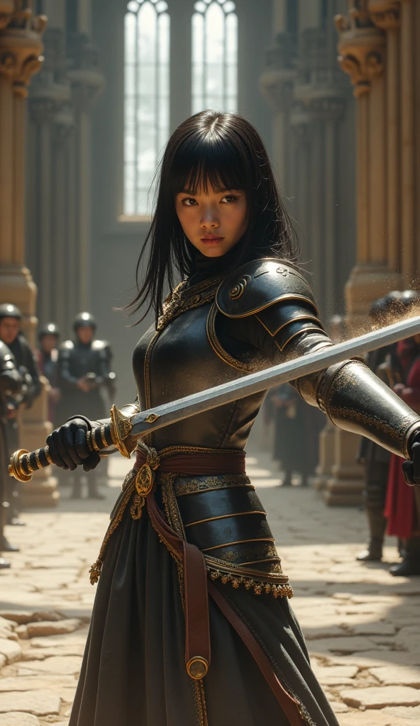 Screenshot berserk girl with black hair short-cut style short hair with two longer protruding locks anime black eyes and armor
