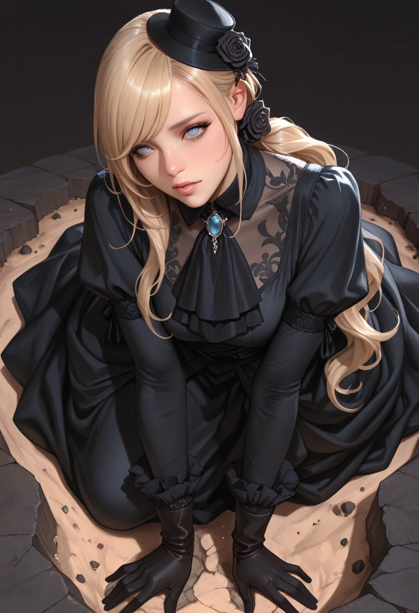 realistic, 1girl, long blonde hair, blue eyes, glowing eyes, black dress, night,  outside, starry sky