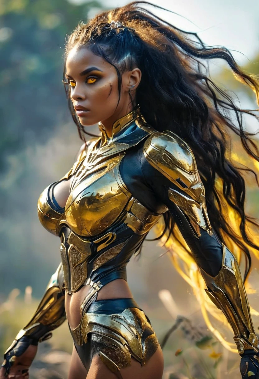 Female Hero, donning a scorpion-themed armor, exudes strength and determination in this hyperrealistic image. Her dark skin, rich in melanin, gleams under the camera effects, showcasing every detail of her powerful muscles and intricate armor design. With an intense gaze, she embodies the essence of a Womancore character.

Close up portrait of Evangelion fusion Vixen Predator, a fearsome female warrior. Her fierce eyes, brimming with power, are the epitome of womanly beauty and empowerment. Dark skin tones emphasize her sharp features, making her a captivating presence in this stunning, hyperrealistic image.

This model