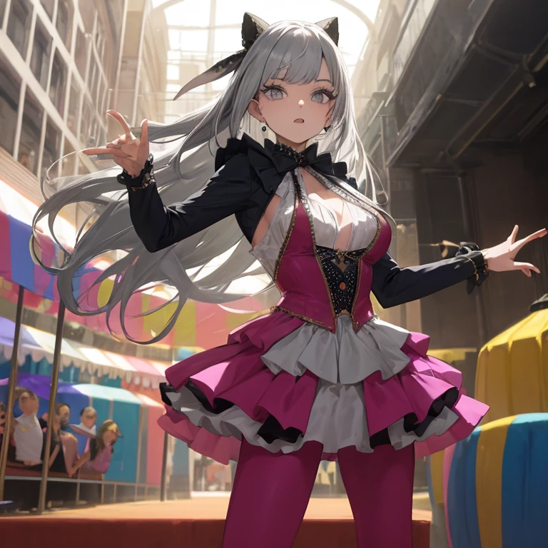 (masterpiece, best quality, detailed), 1girl, solo, looking at viewer, lynette, cat ears, purple eyes, bow, low ponytail, gloves, cutout, pantyhose, cat tail, plaid ribbon,
stage, stage lights, spotlight, audience, curtains, pose, legs apart, dutch angle, closed mouth, expressionless,