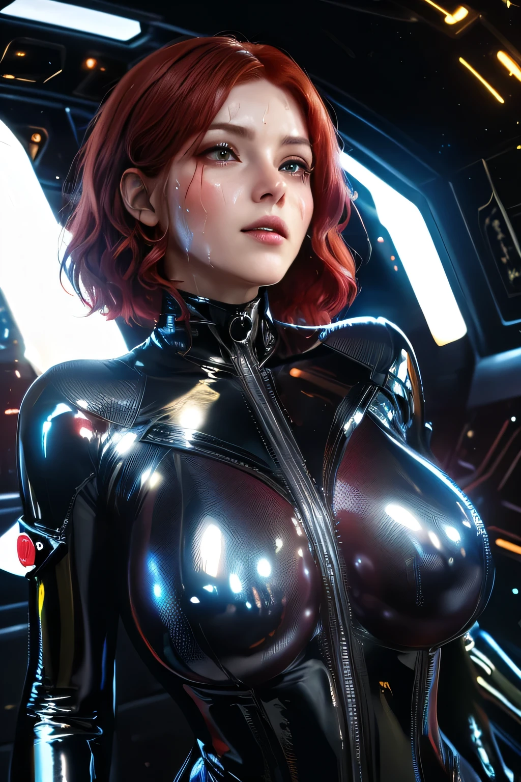 (Realism), (Highres), 4K, 8K, Detailed Illustration, Ultra-Detailed, Ambient Light, Backlighting, Realistic Shadows, Glowing Particles, Light Particles, Digital Art, Soft Light, Soft Lighting, 1girl, hyperrealistic, (realistic proportions:1.1025), extremely detailed, textured skin, (Detailed Hair:1.2), (Hyper-Detailed Eyes:1.2) (perfect face:1.1025), solo, (bimbo:1.1), soft lips, medium breasts, sagging breasts, wide hips, thick thighs, red hair, short hair, (intricate textured clothes:1.15), covered breasts, latex armored (shiny (iridescent:1.15) leotard with (red accents:1.25):1.25), perky, (underboob:1.35), (thigh boots:1.1), (skindentation:1.2), (spacesuit:1.05), (sci-fi:1.1), (cameltoe:1.1), (retro:1.1), (city street:1.2), night time, neon lights, (upper body), (mechanical arms:1.2), robot joints, mechanical parts, cables, wires, (detailed light:1.2)