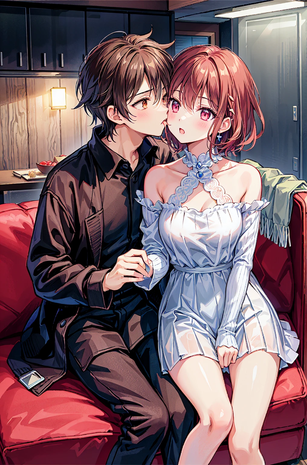 Couple in their 20ale1名, woman1名、Both men and women should wear casual attire.、Shiny atmosphere、woman(Medium long brown hair)close ~ eye、Sweet Sigh、male(Black Short Hair、右手をwomanの頬に当てる)tightly close your eye、With background(room、sofa)、The night deepens、dark、Anatomically correct limbs、The girl is a little thin