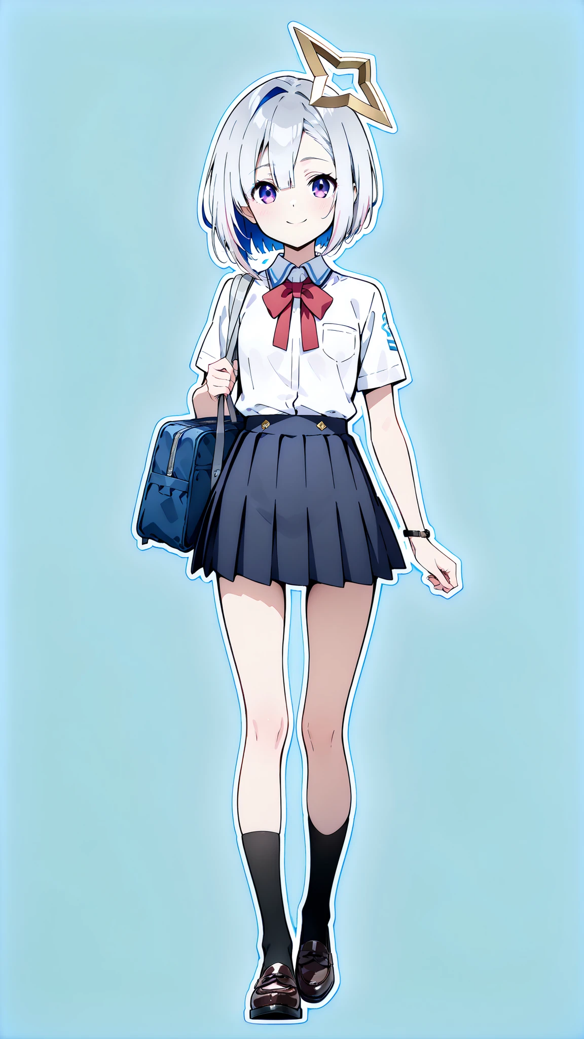 {Highest quality}, {so beautiful}, (anime coloring,flat color,TV anime style,Not details), {Best illustrations},(flat body,Slim body, young:1.2),solo,(aakanata), short hair, multicolored hair,Asymmetrical bangs, grey hair, yellow halo, purple eyes,(cute smile,looking at viewer),(flat breasts),School uniform, white shirt, short sleeves, grey pleated skirt, mini skirt, summer uniform, School bag, black socks, leather shoes,walking,outline,clear color bakground