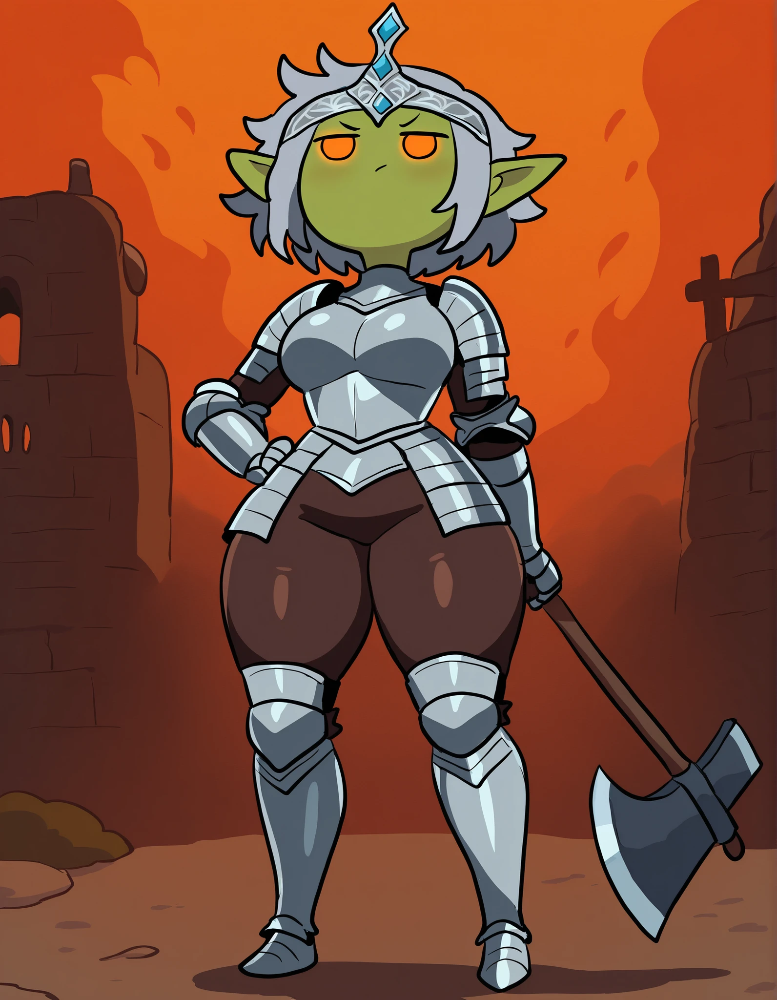 (masterpiece), best quality, 1girl, perfect face,curvy body,(cute face),curvy body,goblin girl,shortstack body,green skin,glowing eyes,long pointy ears,thick thighs,round breasts,orange eyes,grey hair,bang hair,short hair,messy hair,plate armor,fur clothes,armored metal bottes,armored gloves,leather pants,armored legs,silver crown on head,holding a axe,burning village,médiévale woods houses, fire around,adventure time