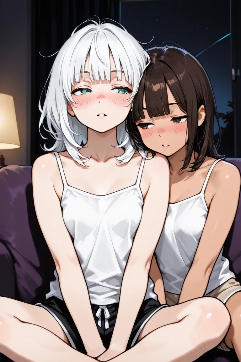 nsfw、White Hair Girl、Pink Eyes、Short Hair、Only one girl、Night、In the bedroom、Blushing、laughing、Excited、Just One、Sitting on the bed、Sweating,On all fours