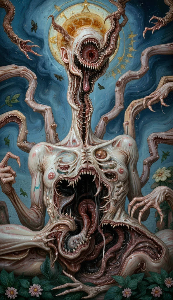 professional photograph, Low angle shot, Wide shot, older woman, fair, petite breasts, (((Sitting))), surrounded by (((Tentacles))), (((in hell))), getting fucked in the ass by a monster, (tentacles in asshole), redoubtable, crumbling, (((Grotesque horror))), ((erotic horror)), (bleeding), (disemboweled), (gore), (vore), (headless), tormented, tortured, skin texture, detailed skin, (((detailed facial features))), 8k, (((high detail))), sharp focus, masterpiece, 4K, high quality, by Neil Gaiman