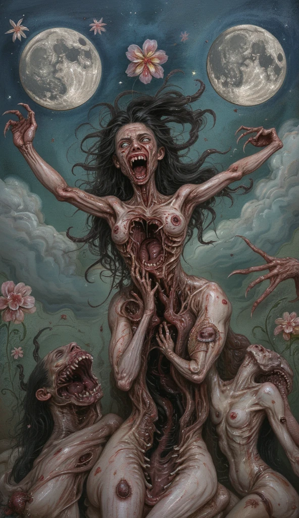 A pale naked woman in labor with sperm all over her body, giving birth a baby monster, in so much pain crying, through her , with a female monster