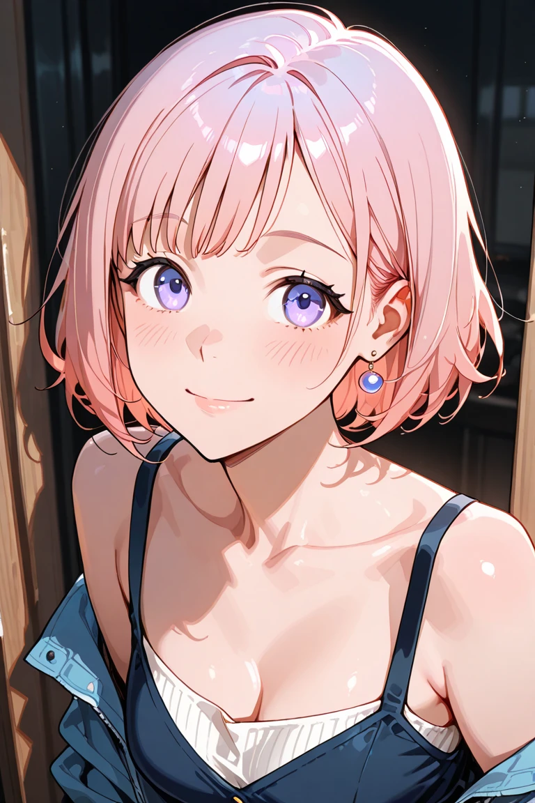 nakano ichika, masterpiece, best quality, 1girl, blue eyes, pink hair, closed mouth, earrings, hoop earrings, jewelry, looking at viewer, crop top, short hair, street, solo, upper body, yellow crop top, underboob, large breasts,  smiling