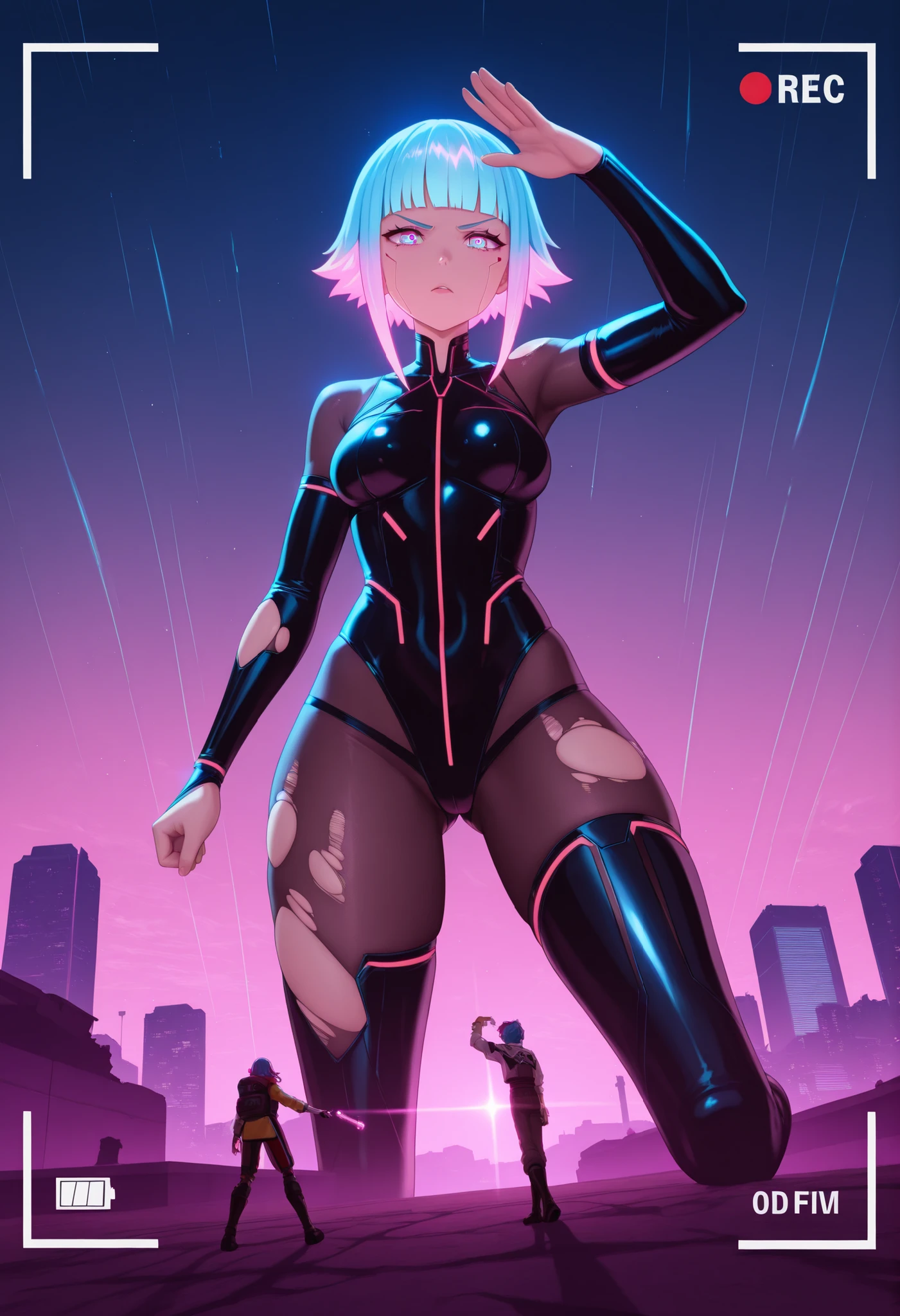prompt
slavic giantess, sharp_facial_features high_cheekbones, neon_pink_blue_bob_hair shaved_temples, torn_cyberpunk_bodysuit glowing_circuits, destroyed_cityscape dramatic_sunset, extreme_low_angle ground_perspective, manic_euphoria_expression wild_eyes, massive_smartphone recording_pose, volumetric_light neon_glow, western_animation_style arcane_aesthetics