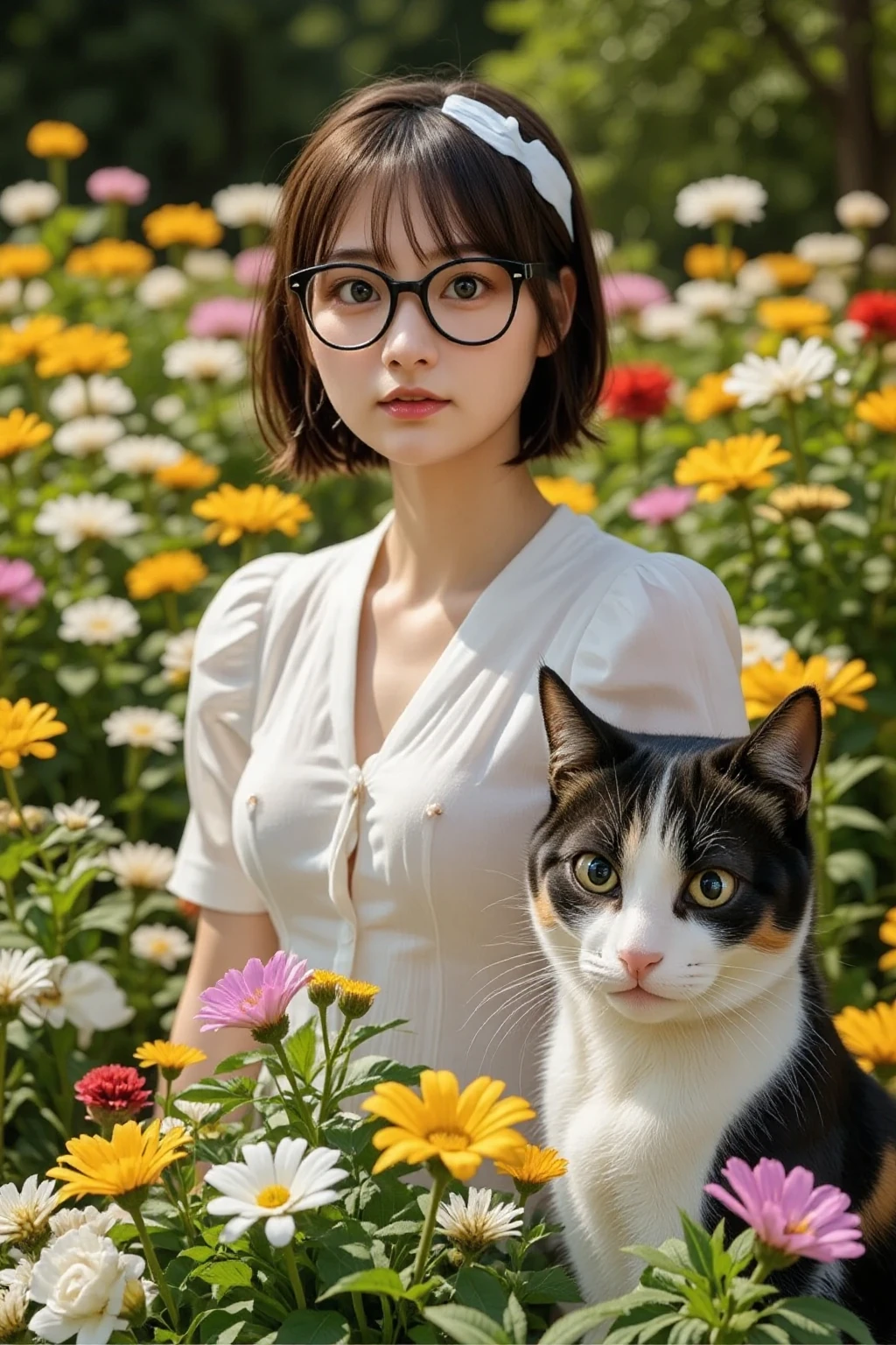 masterpiece, highest quality, best quality, 1girl, solo, looking at viewer, sunflower field, holding kitty,
uchiha sarada, bare shoulders, black eyes, black hair, blush, red framed glasses, short hair, forehead protector,