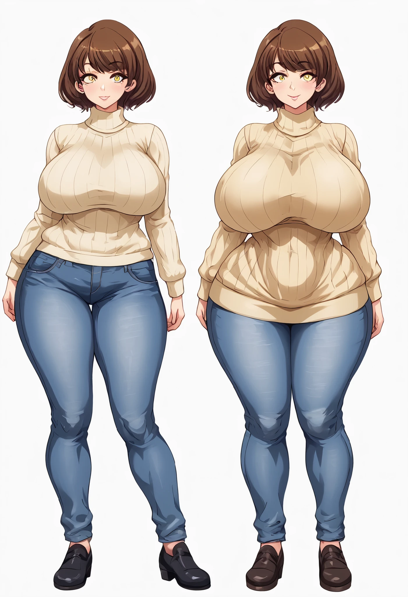 an adult woman, great construction, She has a robust and curvy build... your hips, stomach and bust are pronounced.., which gives you an hourglass figure, some wrinkles on the face.., short brown hair, yellow eyes, a mole on the cheek, closed smile, big breasts, Wide hips, wide stomach, thick thighs, huge beige sweater, blue wide jeans, full body view, alone, cream background, standing