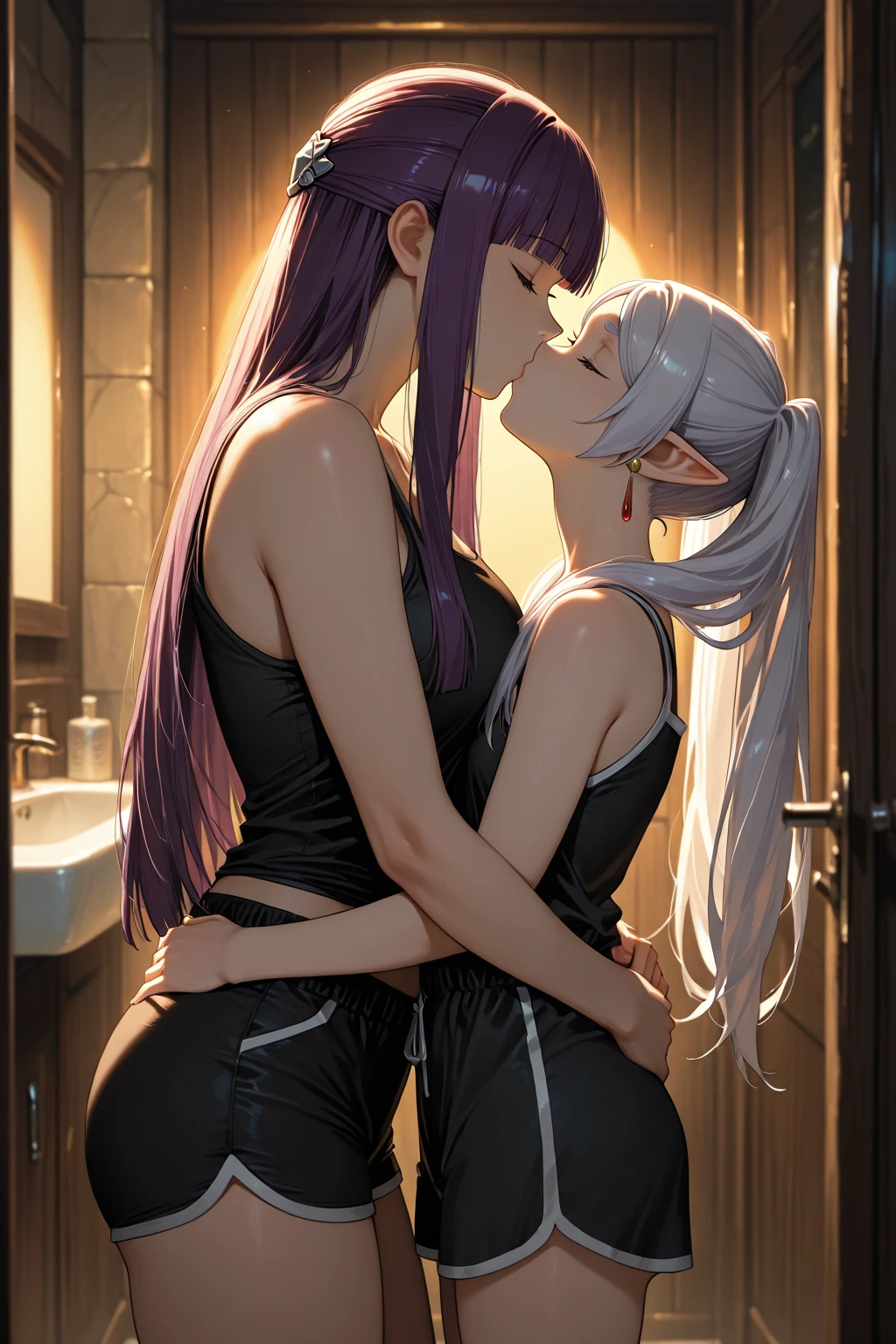 Masterpiece, best quality, best lights and shadows of Studio, 8k, hdr, 2 women, they are Makoto and Yukiko , from the game persona, one is consoling the other with a tight hug, perfect anatomy, perfect hands, perfect arms, perfect legs, sideshot, looking at each other, crying, Sakura has pink hair, Ino has blond hair, konoha Village clothes style