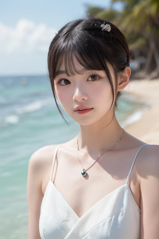 (8K, Raw photo, highest quality, masterpiece: 1.2), (Super detailed), (super resolution), (genuine, genuine photos: 1.37)、(portrait), (High-definition RAW color photo)、 (professional photos).( very detailed and beautiful new),(very detailed), (8k wallpaper),(amazing details),(huge file size),(official art,),(very detailed),(8k wallpaper), (very detailed beautiful girls),(very detailed facesHighly detailed eyes),(Very fine skin),(very detailed fingers,),(very small nose),(very detailed detailed mouth),(perfect anatomy),(detailed background),(fine clothes),(20-year-old),(cute girl), (genuineistic body),(white skin),(glowing skin), (dull bangs: 1.2), (smile),(cute),(cute face),(genuineistic face), (delicateな目),(sagging eyes), (dalmatian print swimsuit)、earrings、necklace、looking at camera, dynamic lighting, G cup breasts,big breasts、(Tropical Beach Background)、(Dynamic Sexy Pose 1.2)、(With cleavage 1.2)、(thin legs 1.2)、(delicate, Plump and moist lips)、(closed your mouth)
