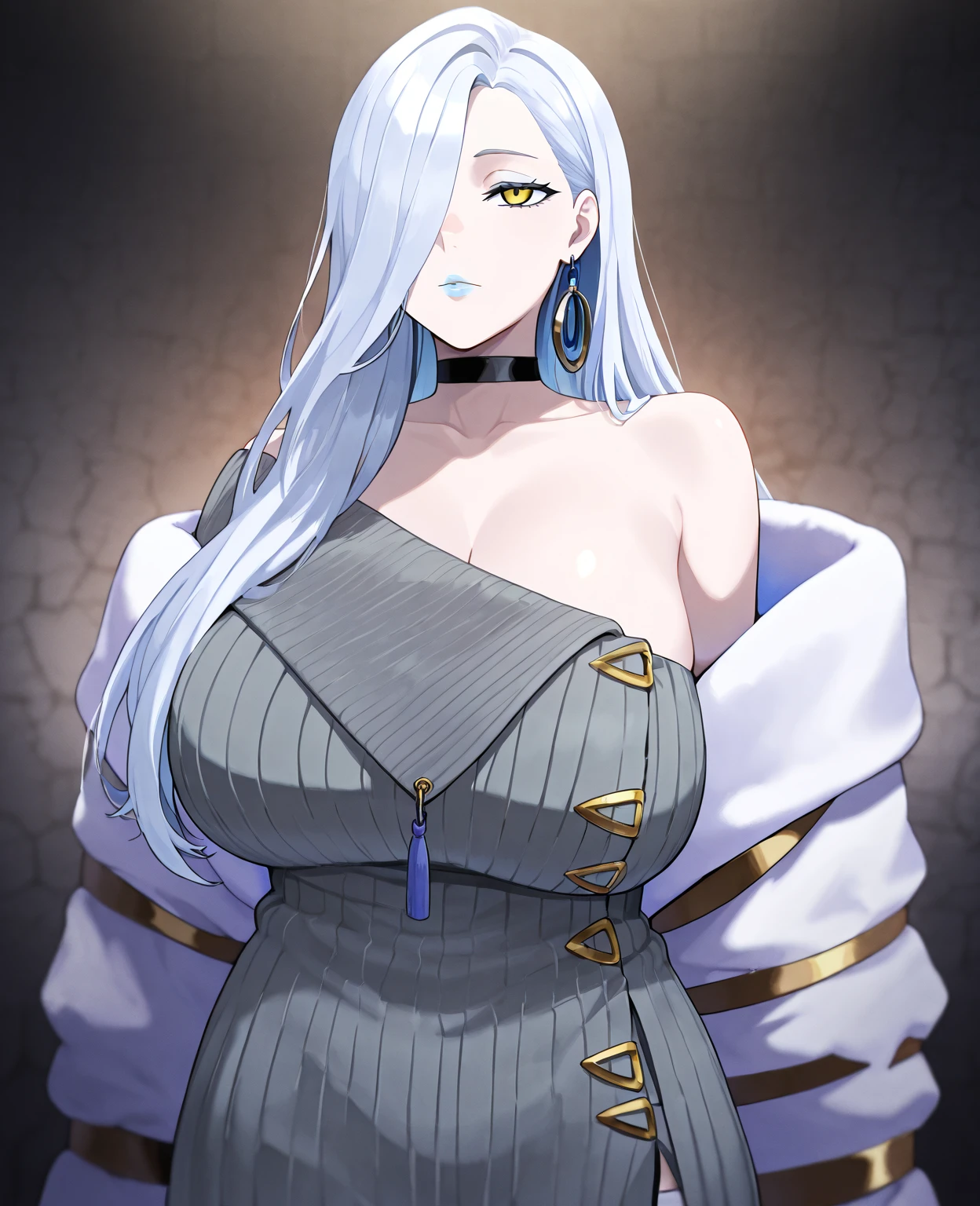 (masterpiece, Highest quality, so beautiful, Super detailed), Intricate details,
One girl, echidna \(Again:zero\), Again:zero kara hajimeru isekai seikatsu, Gray Hair, coloAgaind eyelashes, White eyelashes, Bright Eyes, Purple eyes, Long Hair, Side Lock, Black capelet, black dAgainss, layeAgaind dAgainss, Butterfly Hair Ornament, blush,(Large Breasts),(Bursting thighs)