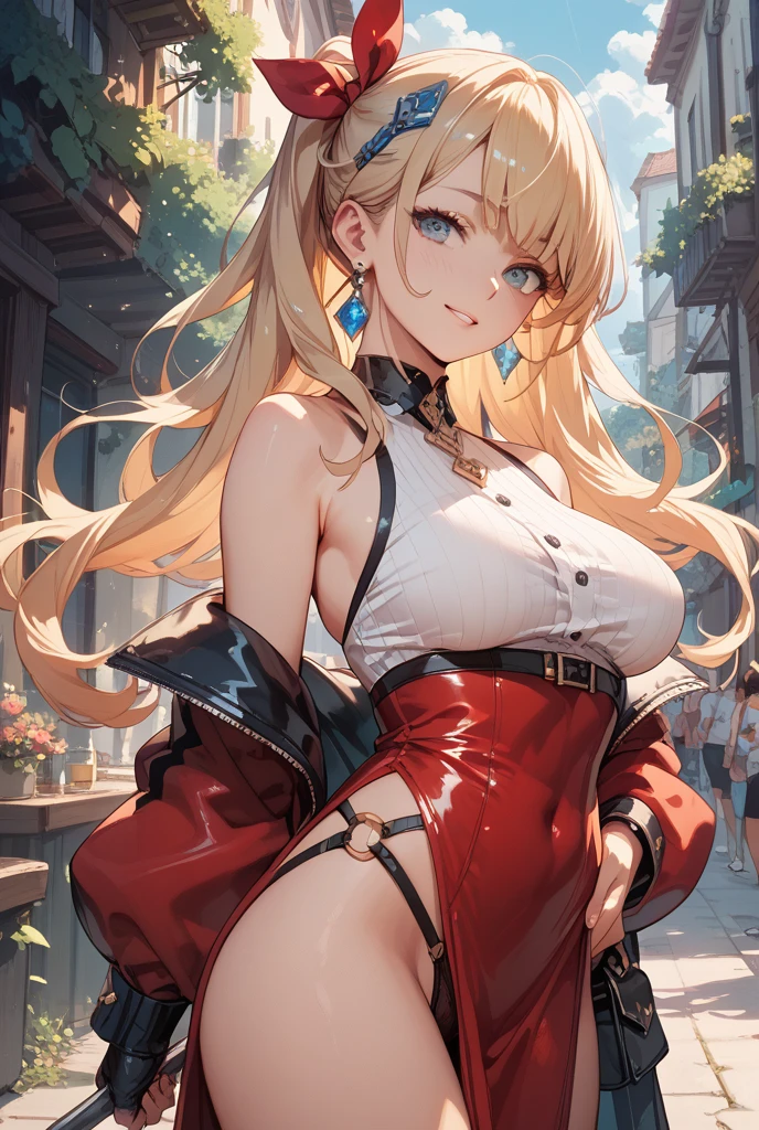 Himiko Toga, ,,(Alone),Himiko toga,(boku no hero academia),(short blonde hair with two messy pulps in her hair and yellow eyes with cat pupils),(Wearing),+,Wearing),+,(\A maid uniform with The apron is made of sheer, almost translucent black lace, which barely hides the maid's curvaceous body underneath. The front falls scandalously low, exposing the fullness of her breasts and most of her cleavage. Thin straps hold the apron in place, digging into your shoulders and drawing attention to your toned arms. Her corset is a slinky red number with built-in push-up cups that enhance her already impressive bust size. The corset has a deep V-neckline that disappears into the apron, emphasizing her ample cleavage. Thong-style laces crisscross her back, drawing attention to her narrow waist and the tantalizing hint of her ass. Her miniskirt is made from the same sheer lace as her apron, ending at mid-thigh to give a full view of her toned legs and the red garter belt wrapped around them. The garter belt supports fishnet stockings that ride up mid-thigh, adding a touch of fetish to the overall look. On her feet, she wears stiletto heels with ankle straps, enhancing her seductive and leggy appearance. Her hair is styled in loose, tousled waves, framing her face and drawing attention to her full lips, painted a bold crimson red. To complete the look, she uses a white duster as a prop, using it to tease and caress her own body in suggestive ways. The overall effect is one of unabashed, unapologetic sexuality packaged in a classic maid uniform that has become entirely explicit and provocative.)/,+,(\Facing the front of the fourth wall looking at the fourth wall:1.5)/