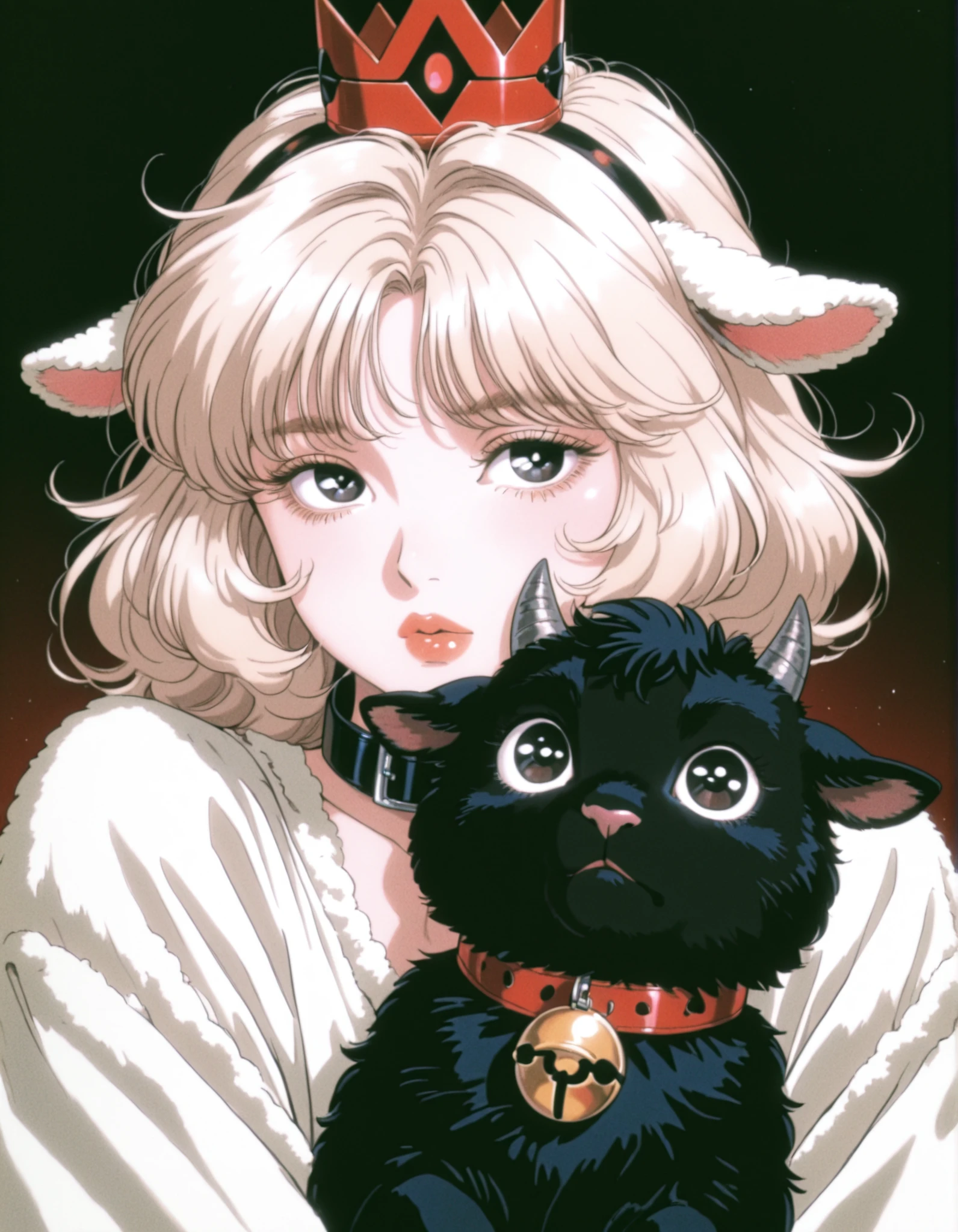 90s_melancholy, retro,,, masterpiece, best quality, very aesthetic, 1girl, solo, cult of the lamb, sheep girl, collar, horizontal pupils, red/black eyes, red crown,