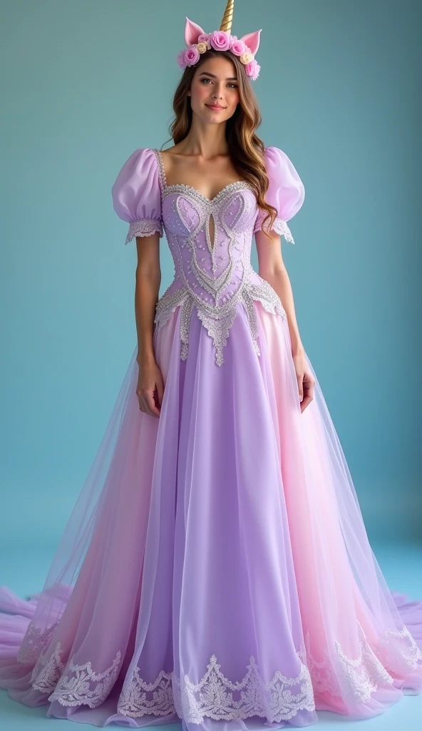 A strapless medieval dress in lilac with a V-neckline, there are silver sparkles on the skirt of the dress.