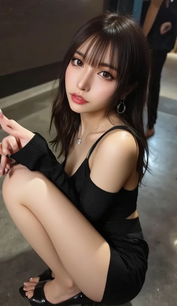 Highest quality, (beautiful)、naked、Nipples、Large breasts、Brown Hair、Looking into the camera、Embarrassed、pub、tiara、necklace、Earrings、Leaning on the sofa、Close-up、night、Black Stockings、Shoot from above、