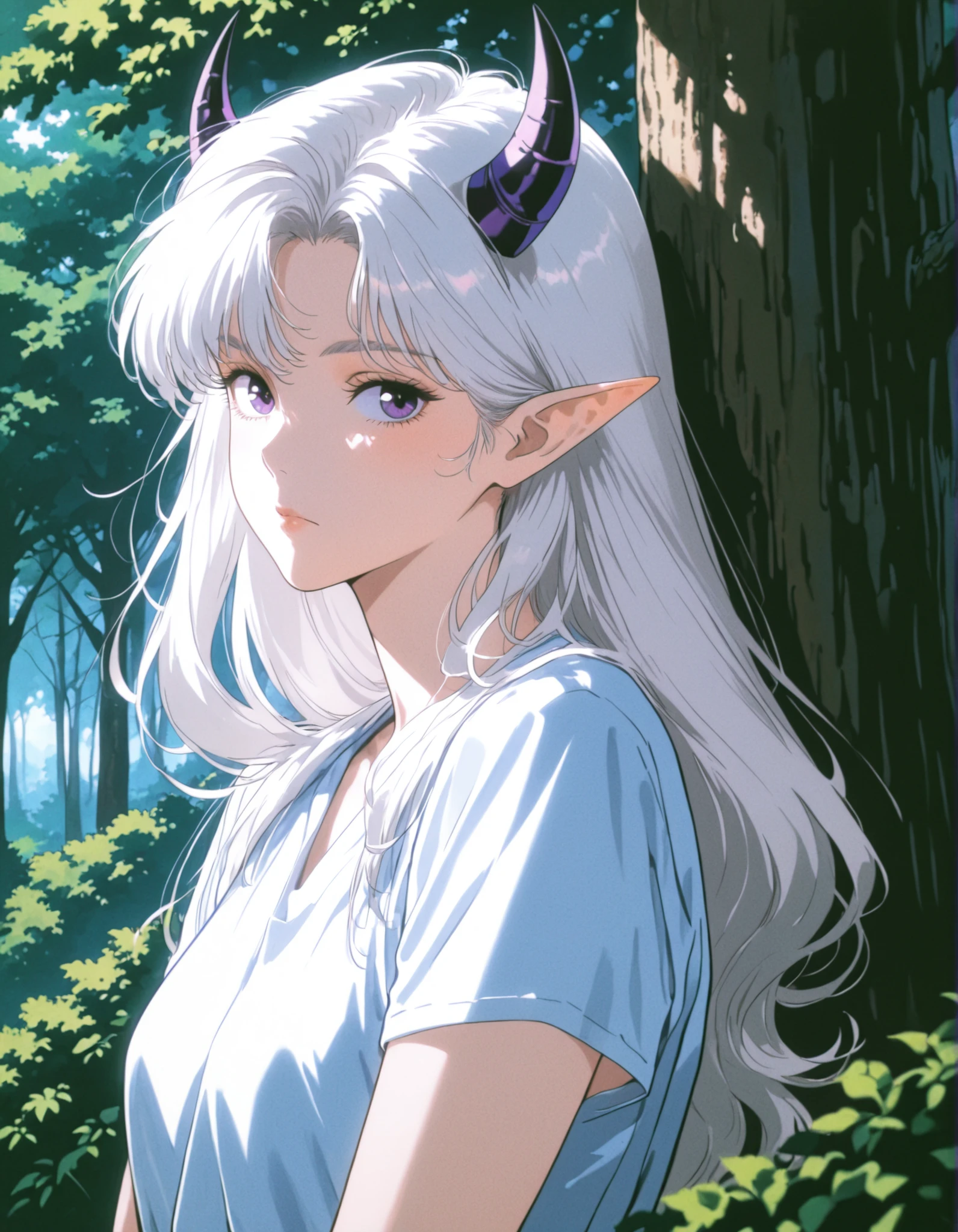 90s_melancholy, retro,,, masterwork, masterpiece, highres, very aesthetic, absurdres, 8k, uhd, high detailed face, absolutly gorgeous, high detailed eyes, perfect eyes, dynamic light, dynamic angle, natural light, 1girl, solo, long hair, looking at viewer, closed mouth, white hair, short sleeves, outdoors, horns, pointy ears, day, blurry, tree, nature, forest, purple eyes, bush, masterpiece, best quality, amazing quality, masterwork, cinematic light, harsh shadows, light and shadows, perfect composition