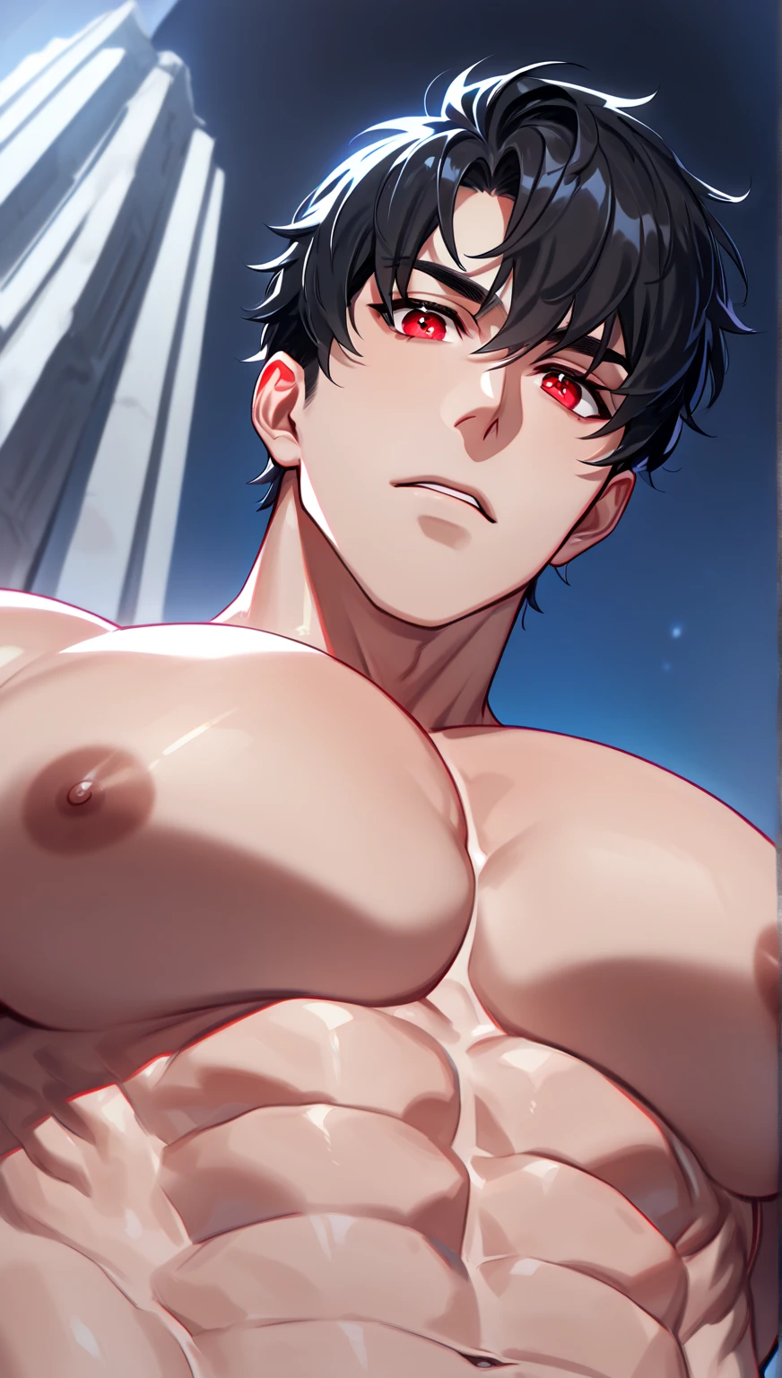 boy, very attractive boy, Mexican ethnicity. tanned skin, jet black hair, carefree smile, carefree expression, young man, alone, marked muscles, beautiful musculature, aesthetic stretch marks, inspiring physique, lean muscles, square pecs, beautiful V-cone, excellent abs and torso, shiny jumpsuit, standing in front, young JEDI Knight (young face) ready to fight, top rated pixiv, wears a jedi robe, (((LOOSE ROBE))) chiseled abs, chiseled pecs, with his jet black military haircut and voluminous collar, narrow waist, open tunic, bare chest, white sclera, blue eyes, hornless, brave superhero, human face, beautiful, young. City background, skyscraper, futuristic city, night, stars, night lights, skill image, looking at the viewer, jedi whose presence inspires trust and respect. (((His Jedi tpunica color is black and brown.))) (((((LOOSE ROBE))) (((Back))) firm muscular thighs, round buttocks and firm round butt.