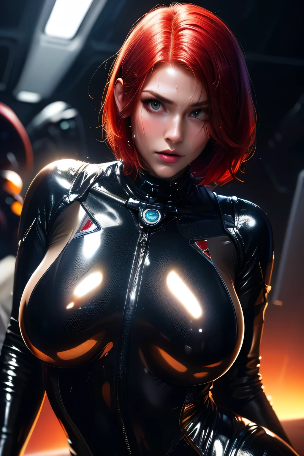 highly detailed, 8K, masterpiece, 1 girl, Red tied_hair, (tight-fitting closed black bodysuit),big breasts, angry_smile, (Ideal_Face), detailed_background, full_body, blossom,(Beautiful lighting:1.3), caustic, dynamic lighting, from_below 
