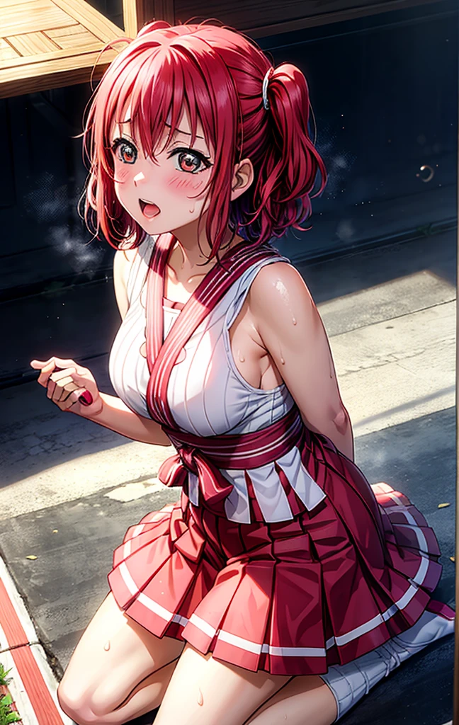 Nino　nanaco、short hair, Twin tails、Pink Hair、 blue eyes, hair ornaments, Hair Ribbon, blunt , Both sides up, butterfly hair ornaments, skirt,Off the shoulder、Random color see-through kunoichi costume、Japanese see-through female samurai costume、See-through female ninja costume,, Open clothes, Collared dress emphasizes cleavage、胸の谷間のSweat is noticeable、Professional lighting light reflection、 looking at viewer, (masterpiece:1.2), Highest quality, High resolution, unity 8k wallpaper, (figure:0.8), (Beautiful fine details:1.6), Highly detailed face, Perfect lighting, Highly detailed CG, (Perfect hands, Perfect Anatomy),heavy rain、heavy rainで全身びしょ濡れ、heavy rainで全身びしょ濡れの服、High heels、 ((Perfect handsの形))、(Perfect foot shape、Embarrassed expression、blush、Gestures to seduce a man、Shining Sweat、Perfect Skin,Sweat is noticeable、太もものSweat is noticeable、 Fair skin,Tight waist, Sweating profusely、Sweaty hair、Sweaty clothes、Sweaty、Visible sweat、rain-wet hair、A vast Western church with stained glass windows