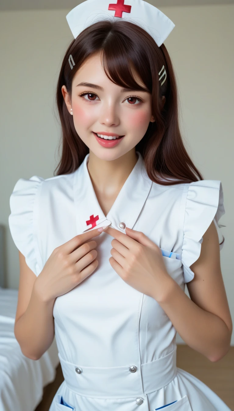 Turquoise short sleeve nursing uniform、Collarless nursing uniform、Stethoscope、necklace、Exposing the forehead、Hair Bun、Surgery Bag、smile、Hold a condom in your hand、Look straight at the camera and hold it out in front of you、be quiet、Front view of face from above、super close up face、be quietする、White tights、Cute Panties