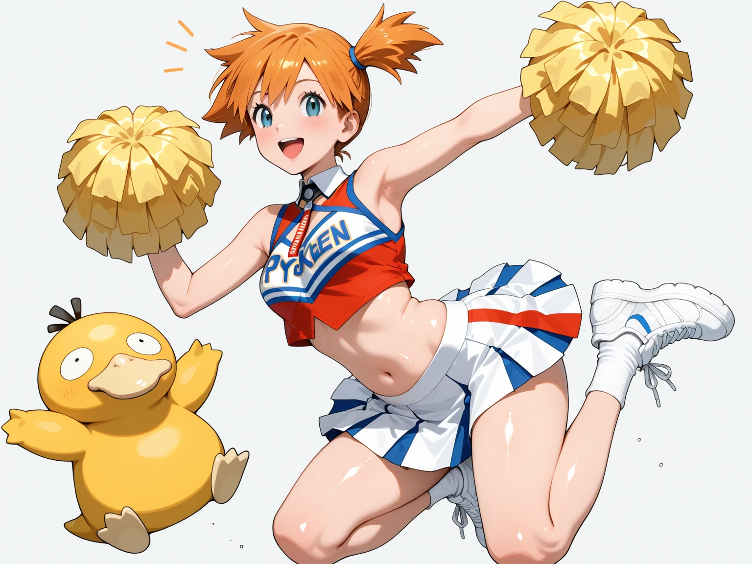 Medium tits、a navel、a miniskirt、Red Buruma、Raw feet、armpit、Beautiful thighs、is standing、outside of house、sports ground、red blush、A smile, cheerleaders、pompoms、Raising one leg、Orange medium hair、Green Ribbon, panties, upskirt