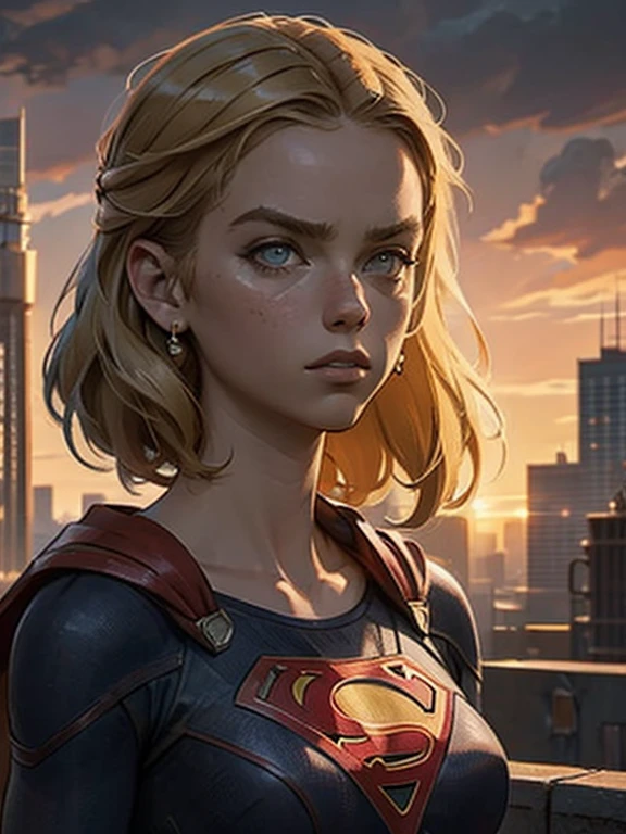 Masterpiece. Gloomy city, night, dim lights, pouring rain. On sryscrapers roof tops, two busty babes standing, arms crossed: Supergirl and Power Girl.