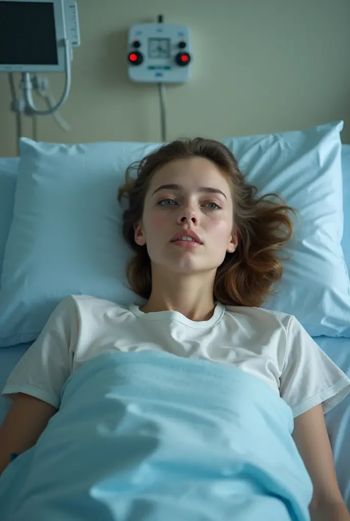Portrait of a frightened 18yo Irish women laying in hospital bed. Close up. Hospital gown
