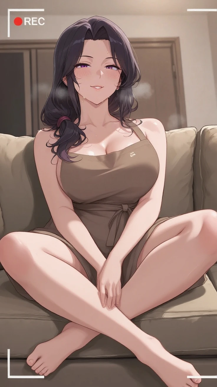 Busty mature Japanese mother , Black long hair, black eyes, With black summer dress, Lying sideways on white sofa, Sexy pose