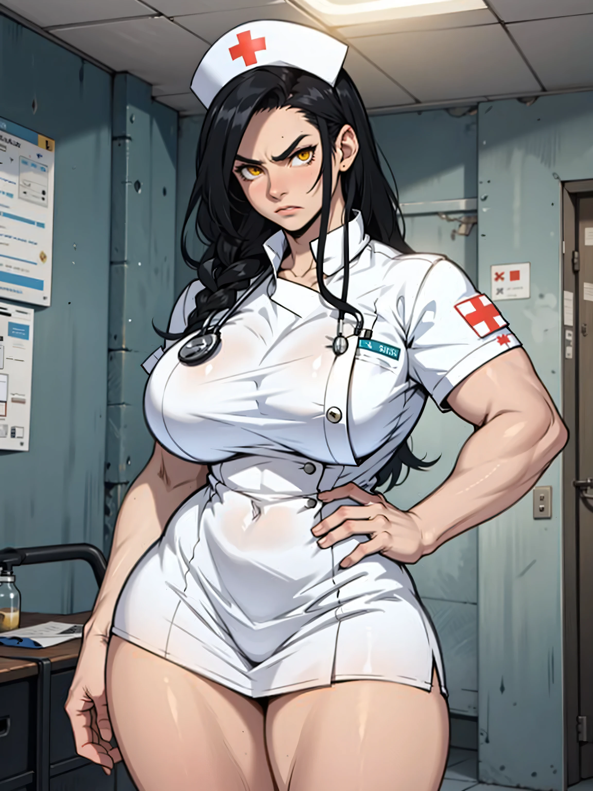 1girl solo black hair yellow eyes very long hair pale skin muscular muscular muscular muscular toned body huge muscles thick thighs girl angry blushing thick thick thick nurse red nurse uniform 
