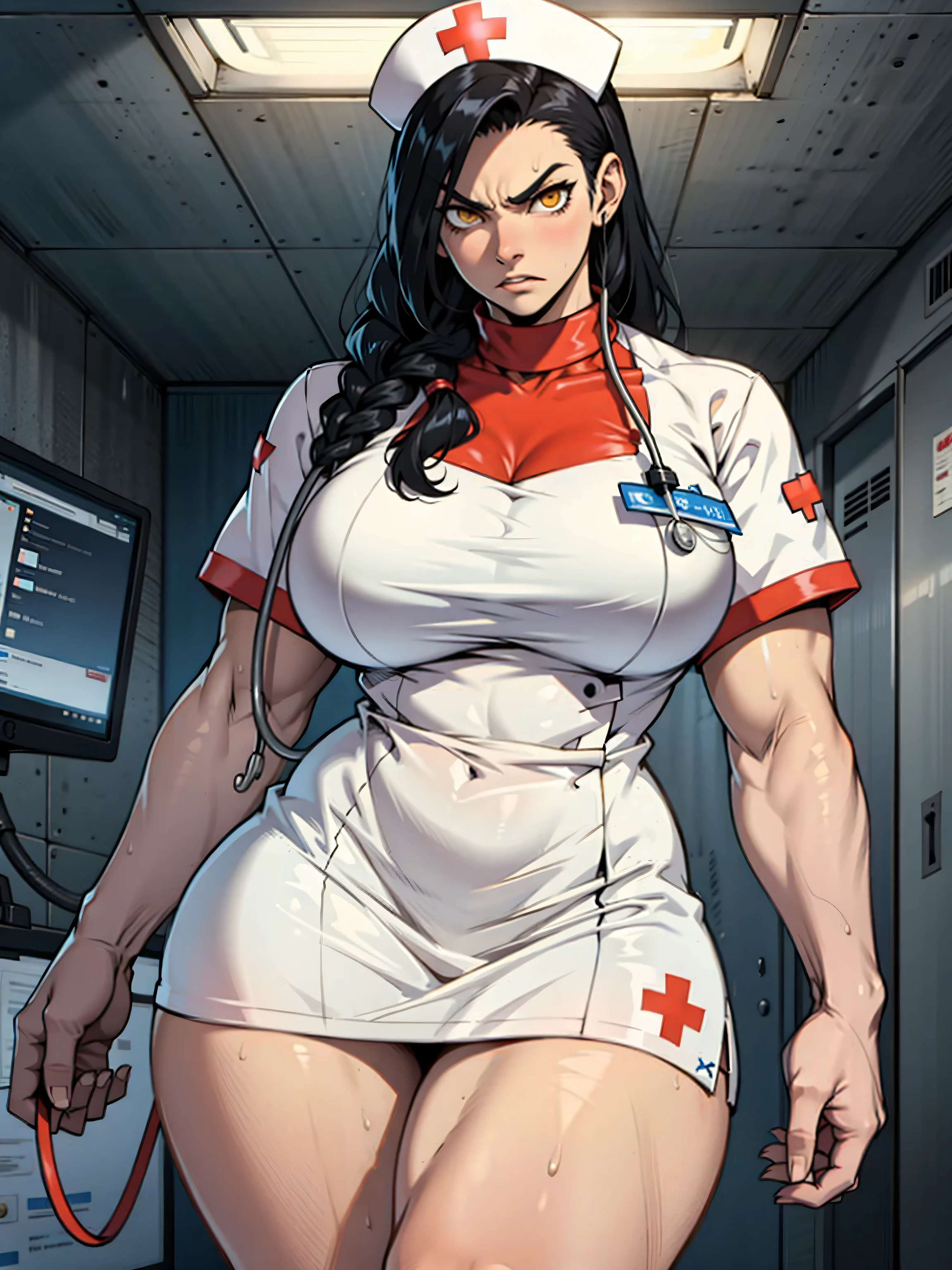 1girl solo black hair yellow eyes very long hair pale skin muscular muscular muscular muscular toned body huge muscles thick thighs girl angry blushing thick thick thick thick nurse