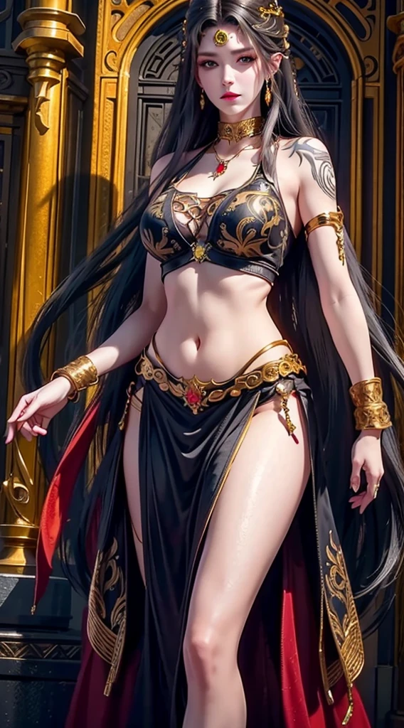 (1girll:Western Region Dancer,Dance), tmasterpiece, best qualtiy, RAW photogr, realisticlying, Incredibly Ridiculous res,, ear studs, (flowing long black hair),eye shadows,Bracelet,head chain,Collar,foot ring,Western-style bikini clothing,nipple tassels,Tulle skirt,The barefoot,depth of fields, A high resolution, ultra - detailed, filigree, RAWE is very detailed, very detailed eyes and faces, Sharp pupils, realistic pupil, tack sharp focus, cinmatic lighting,full bodyesbian,Bigboobs,long leges,From the front side,banquet,dynamicposes,Normal posture,closeup of face