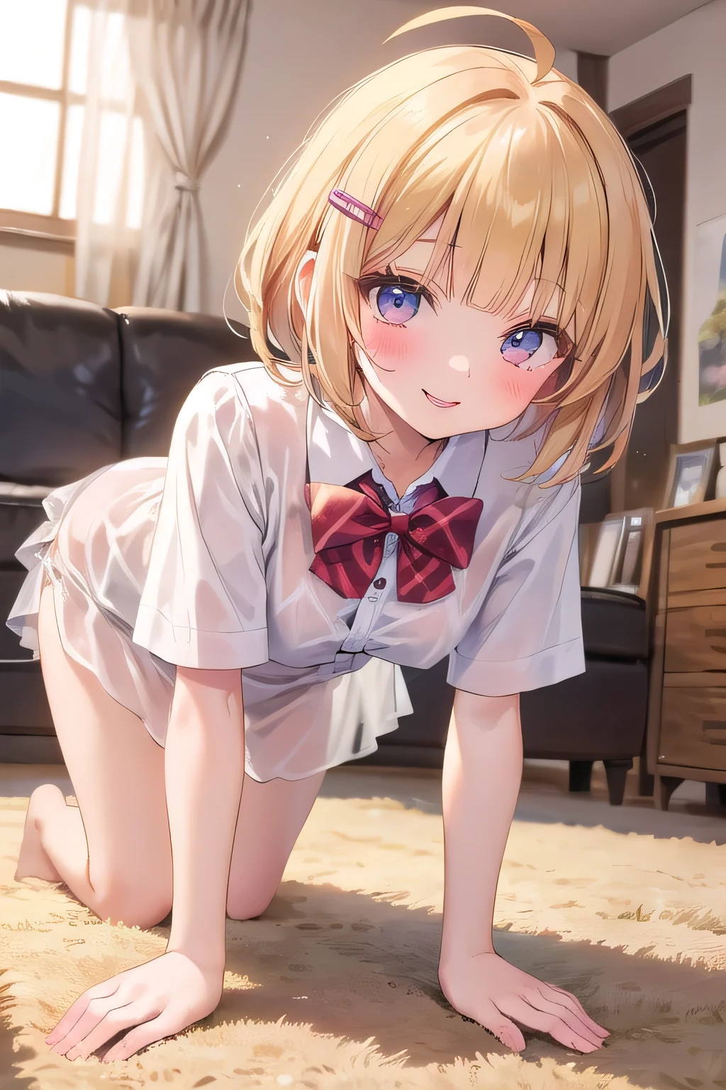 ((top quality)), ((masterpiece)), (Details), 1 girl。blunt bangs。braided ponytail。ahoge。short hair from the front。Cute Hair Clip。(small breasts)。lips。school uniform。Summer clothes。living room。Sexy Poses。is on all fours。see-through。panties。pussy juicespills。seductive smile。naughty expression。
