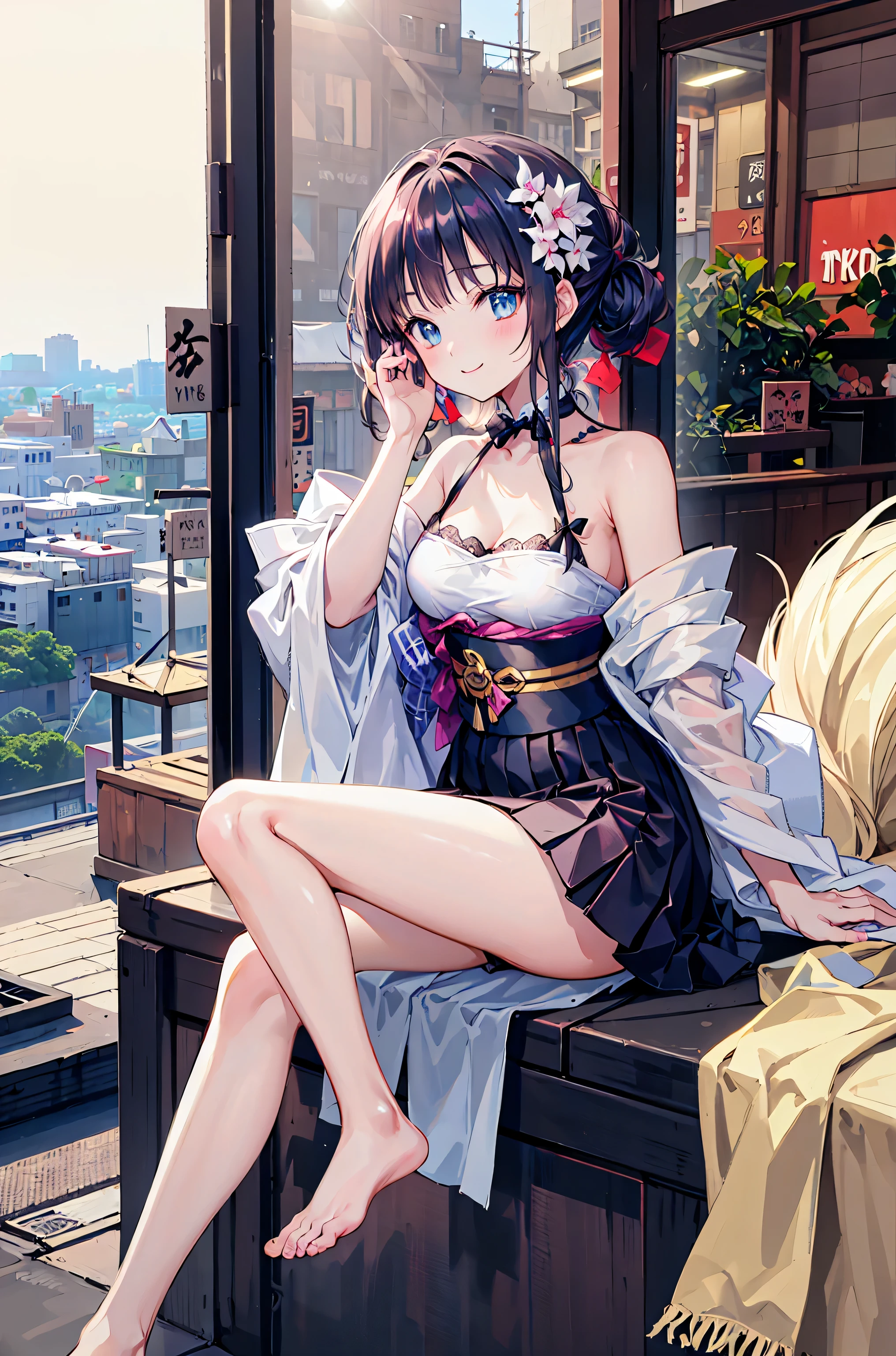 moon, full_moon, 1girl, night, building, petals, breasts, long_hair, cleavage, cityscape, smile, skyscraper, off_shoulder, jacket, city, solo, looking_at_viewer, night_sky, bare_shoulders, medium_breasts, very_long_hair