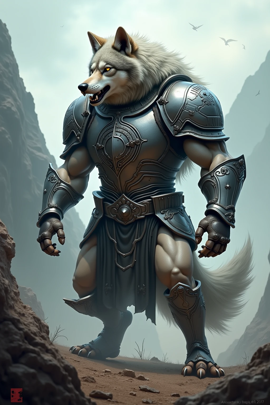 Anthro male black wolf knight holding a two-handed great sword, Alone, arrogant expression, masterpiece, Best Art, Whole body, by taran violinist, detailed eyes, detailed body, claws, high, top-less, Pecs, ABS, Nipples, shoulder pads, salivating squat pose