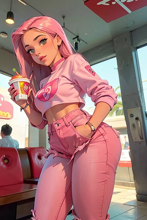 an attractive young woman, blonde, ((cropped rosa claro)), ((pink denim mini skirt)), ((tennis)), sculptural body, delicious, in a fast food restaurant during the day.